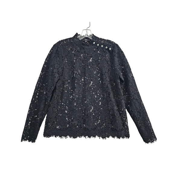 J. Crew Tops - J.Crew‎ Lace Blouse Womens 6 Black Mock Neck Shoulder Button Long Sleeve Floral